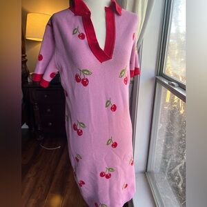 Forever 21+ Cherry Print Knit Sweater Dress Pink Red Y2K Preppy Cottagecore OX